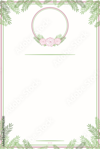 Vector - Beautiful border of frame. Pink rose with green leaves. Copy space.
