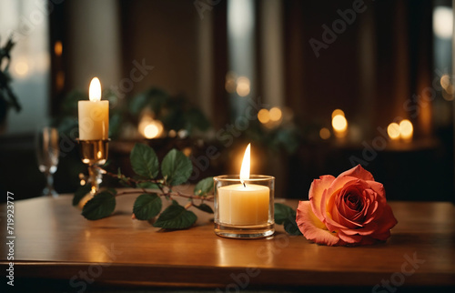 candles and rose on the table Valentine's Day romantic Background