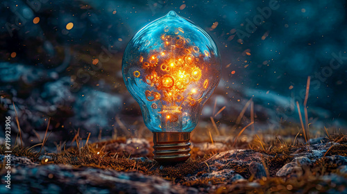 Conceptual image with lightbulb with moving gears as a symbol of an idea on dark background