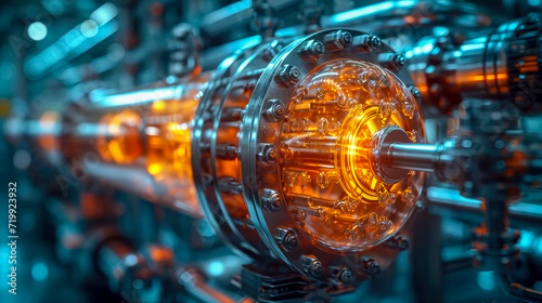 Industrial high tech transparent glowing translucent energy shell and tube heat exchangers with pipes futuristic with energy and fuel equipment in oil refinery photo