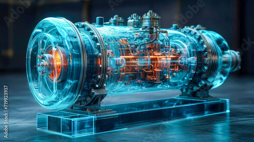 An industrial engine transparent modern high-tech centrifugal electric pump with asynchronous electric motor on a blue background with reflection photo