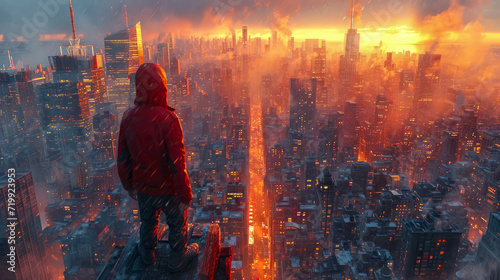 Man in red hoodie standing on top of a skyscraper and looking at the city