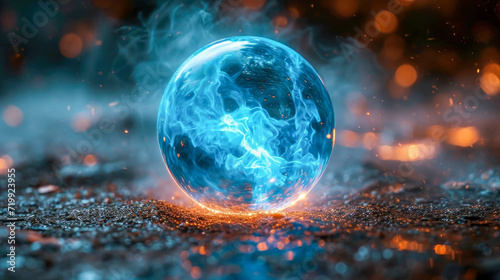 Crystal ball energy magic sphera with blue smoke on a black background photo