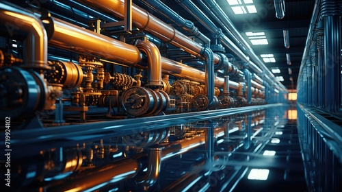Metal pipes pipelines in a factory, industrial production line, industrial background
