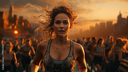 Young beautiful woman run in the competition marathon people running in the city. Healthy lifestyle and sport concept