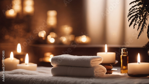 Fotografie spa still life with candles, candles towel bottle on a bed in spa setting