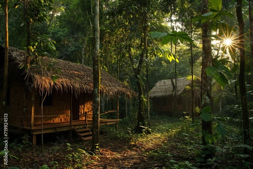 Amazon jungle camp by the water.