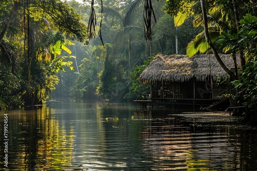Amazon jungle camp by the water. photo
