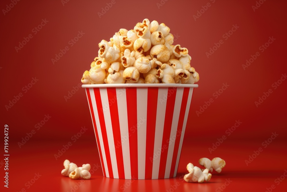 View of 3d cup of Cinema Popcorn, a bucket of popcorn on a red background . Ai generated View of 3d cup of Cinema Popcorn, a bucket of popcorn on a red background . Ai generated