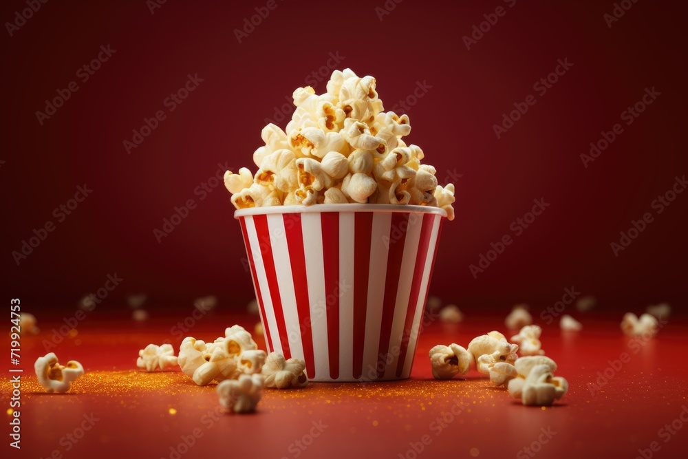 View of 3d cup of Cinema Popcorn, a bucket of popcorn on a red background . Ai generated View of 3d cup of Cinema Popcorn, a bucket of popcorn on a red background . Ai generated