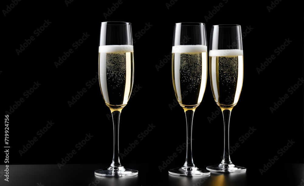 Three champagne glasses on a simple black background, Valentine's Day, Christmas. Generative AI