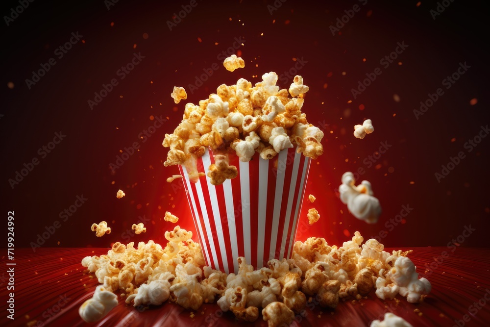 View of 3d cup of Cinema Popcorn, a bucket of popcorn on a red background . Ai generated