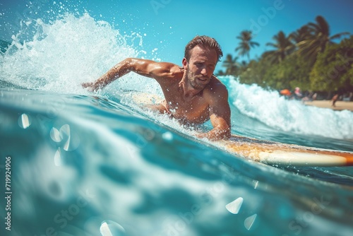A handsome man surfing on a surfboard. © Bargais