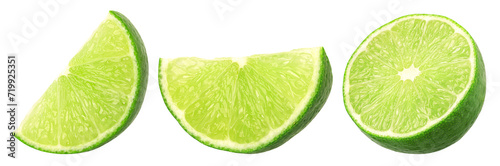 Fresh lime slice and half isolated, transparent PNG, collection, full depth of field, PNG format, cut out.
