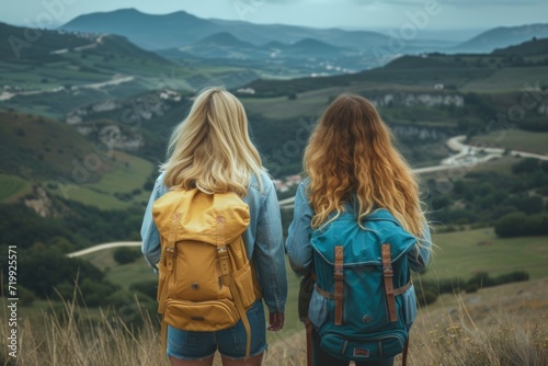 Rear view of two female friends backpackers looking at breathtaking views across the hills in the north of Spain