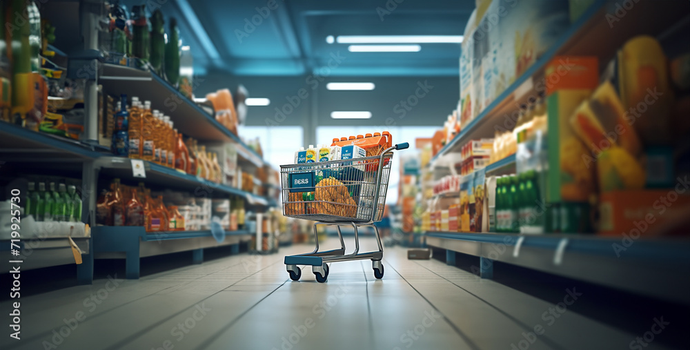 shopping cart in supermarket, view of a supermarket out of focus with a shopping