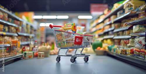 shopping cart in supermarket, view of a supermarket out of focus with a shopping