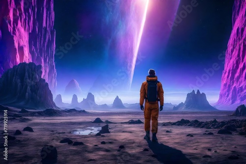 space explorer standing on an alien planet's surface, surrounded by towering crystal formations and strange extraterrestrial landscapes.