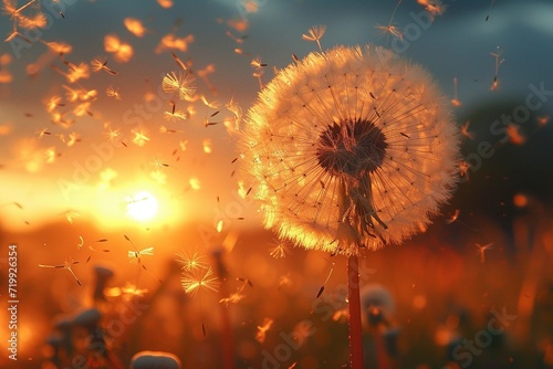 Dandelions seeds dispersing in the wind at sunset.
