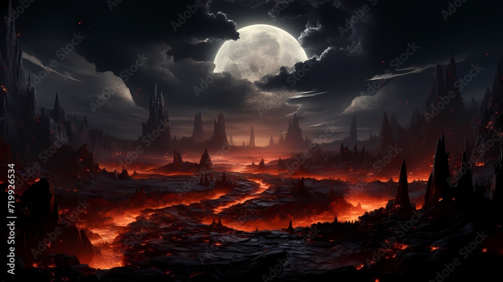 A captivating obsidian black lake nestled in a volcanic crater, with the night sky ablaze with the fiery glow of an active volcano in the distance