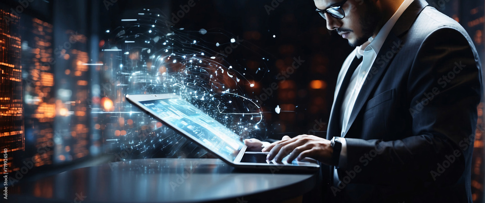 businessman using a tablet is in a sihouette double exposure. In the background is a flow of data showing various cyber threats and vulnerabilities. Stylish in the style of double exposure businessman using a tablet is in a sihouette double exposure. In the background is a flow of data showing various cyber threats and vulnerabilities. Stylish in the style of double exposure