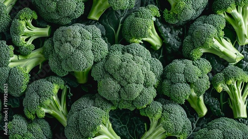 Overhead view texture of a fresh broccoli stack in the backdrop, space, Generative AI.