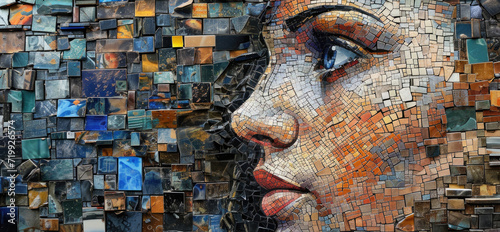 Unique mosaic illustration of a woman looking to the left, room for copy space photo
