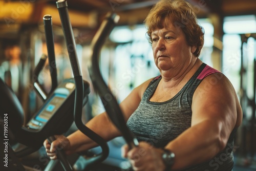 Fat elder woman exercising in gym.