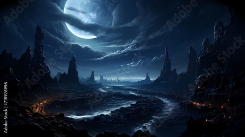 A captivating obsidian black lake surrounded by ancient ruins, with the night sky adorned with constellations that tell stories of long-lost civilizations