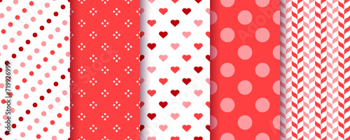 Valentine's day backgrounds. Seamless pattern. Set cute prints with heart, polka dot, and herringbone. Love girly textures. Red pink wrapping paper. Collection romantic backdrops. Vector illustration