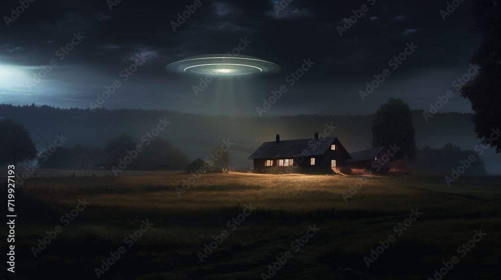 Fototapeta premium Unidentified Flying Object Hovering in the Sky. Generative AI.