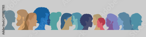 Silhouette of a group of multiethnic people. Racial equality in a multicultural society. Anti-racism concept. Profile silhouettes of different people