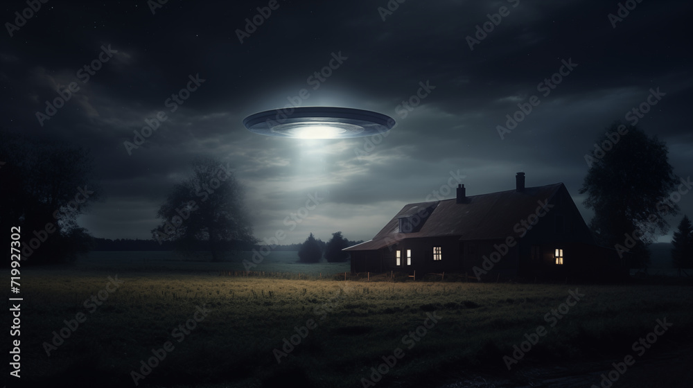 Unidentified Flying Object Hovering in the Sky. Generative AI. Unidentified Flying Object Hovering in the Sky. Generative AI.