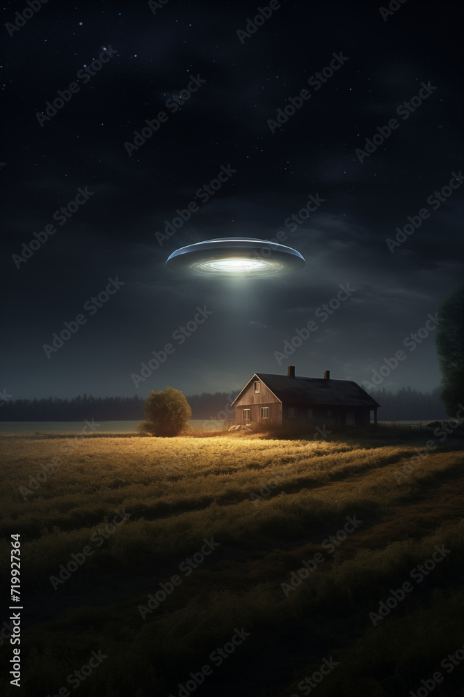 Naklejka premium Unidentified Flying Object Hovering in the Sky. Generative AI.