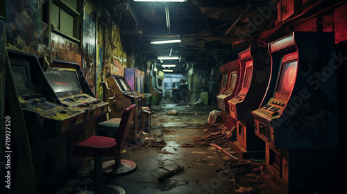 Abandoned Arcade Room. Generative AI.