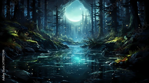 A captivating obsidian black lake nestled amidst a mystical forest, with the night sky adorned with constellations that seem to come alive