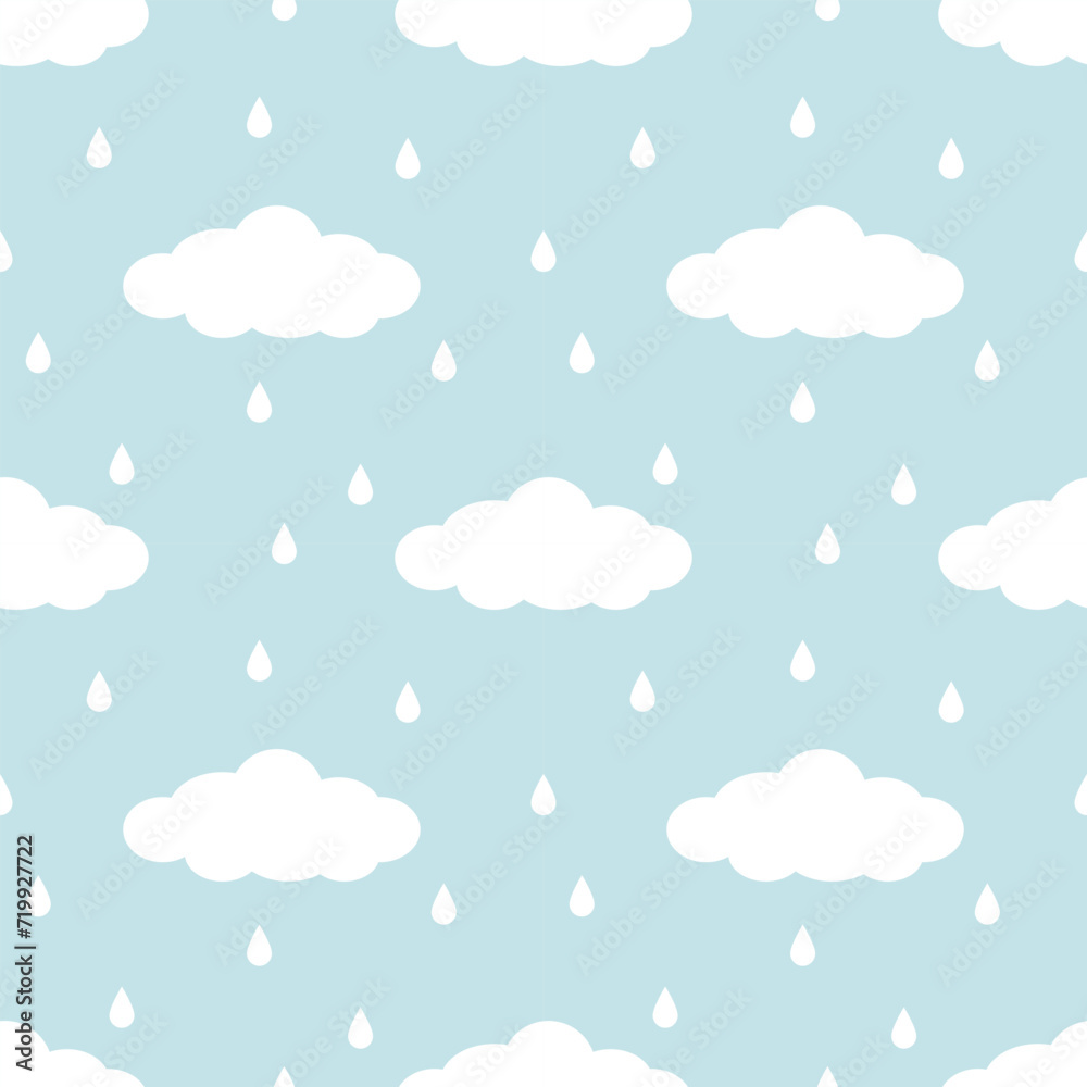 seamless pattern with clouds and rain drops on blue background 