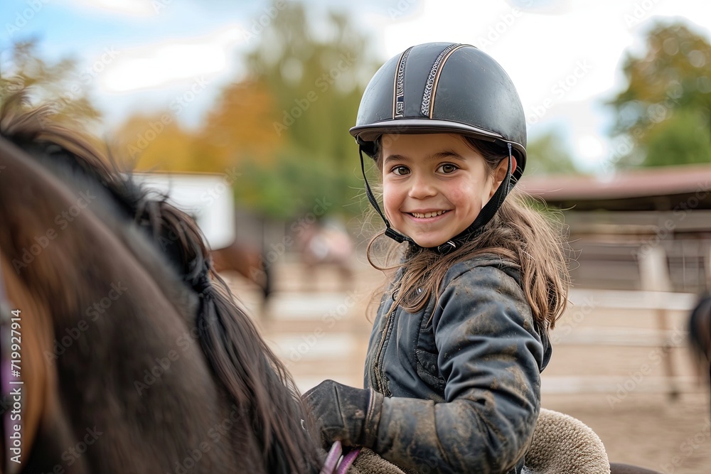 Happy girl at equitation lesson. Happy girl at equitation lesson.