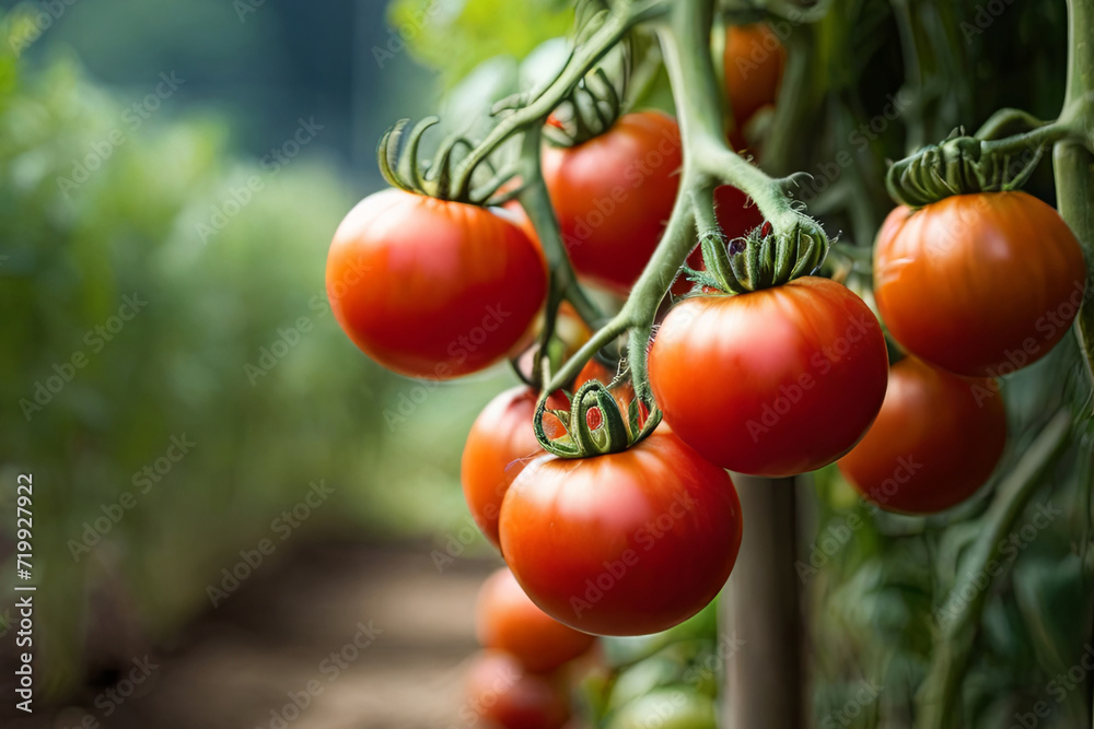 Breathtaking organic tomatoes on the, thriving at a local produce farm. Perfect for farm-to-table concepts. Copy space available. 