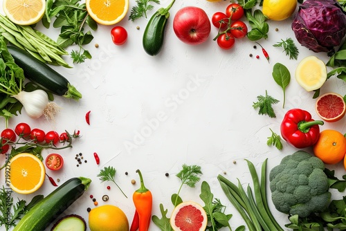 Food frame of vegetables and fruits isolated on a white background. Copy space.