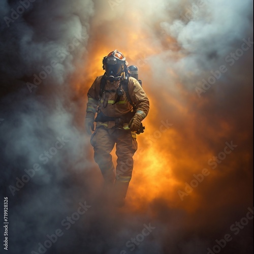 Firefighter in the fire with smoke and fire in the background.AI. © Alex Alex