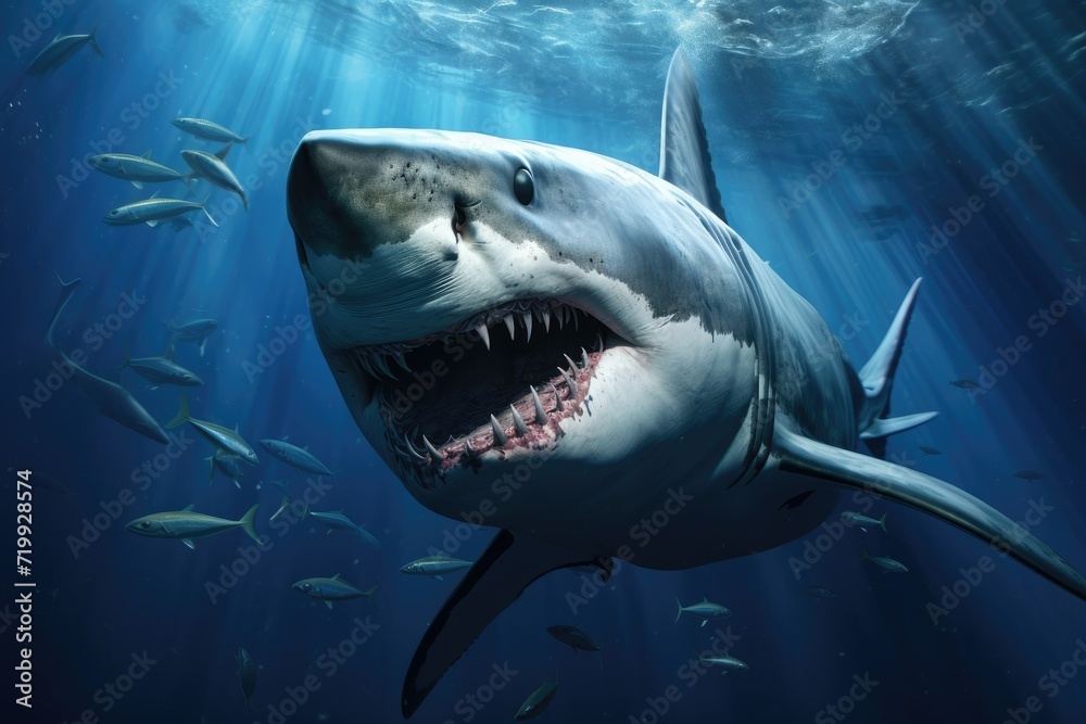 Obraz premium Great white shark, Great White Shark in blue ocean. Underwater photography, shark in the sea, Great White Shark in blue ocean, Great white shark, Great White Shark in blue ocean. Underwat Ai generated