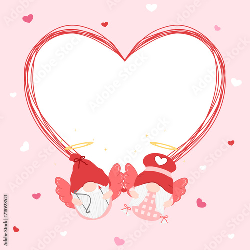 Vector - Cute red heart border or frame with two flying Gnome cupid on pink background. 