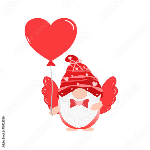 Vector - Cute Gnome holding red balloon. Can be use for print, sticker, decorate any card, web, banner, poster. Valentine, wedding concept.