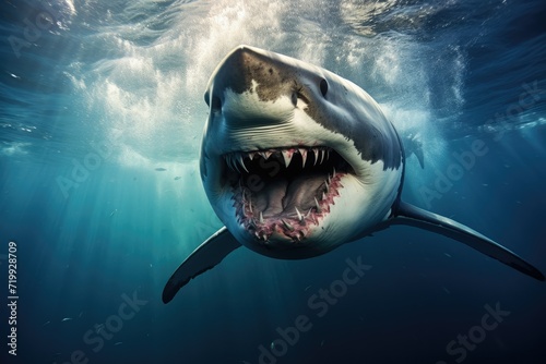 Great white shark, Great White Shark in blue ocean. Underwater photography, shark in the sea, Great White Shark in blue ocean, Great white shark, Great White Shark in blue ocean. Underwat Ai generated © Tanu