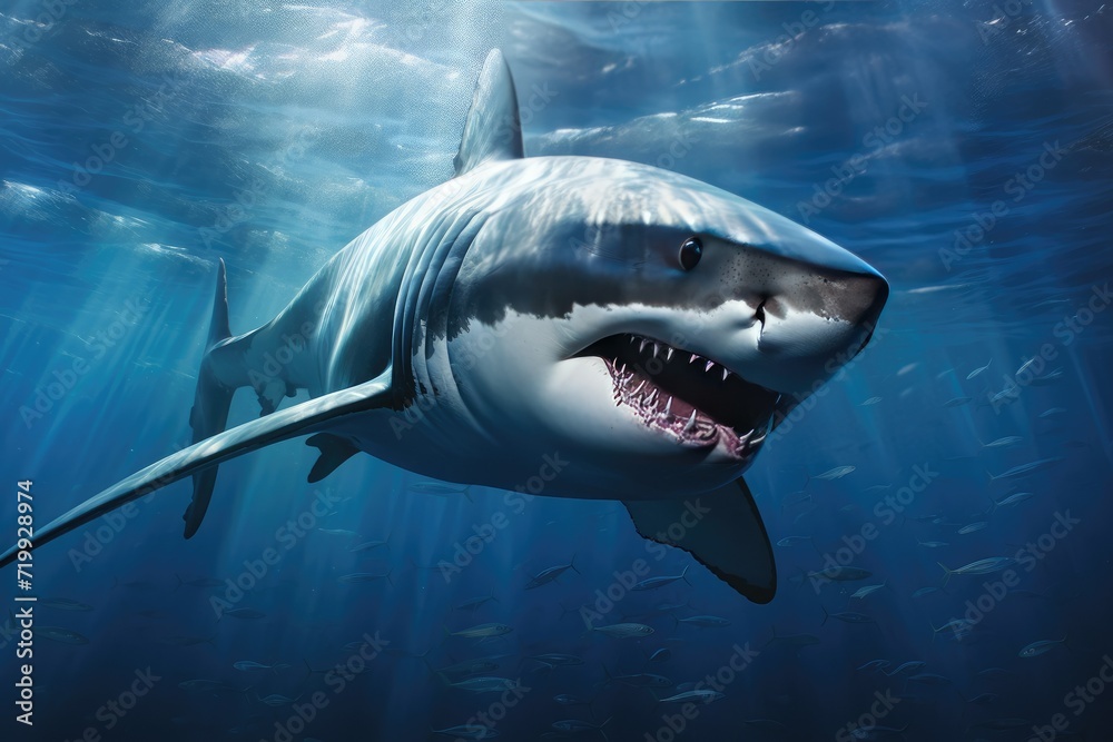 Fototapeta premium shark in the sea, Great White Shark in blue ocean, Great white shark, Great White Shark in blue ocean. Underwater photography Ai generated