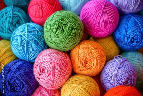 Many colorful yarn balls are sitting in a pile.