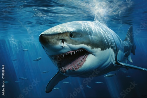 shark in the sea  Great White Shark in blue ocean  Great white shark  Great White Shark in blue ocean. Underwater photography Ai generated