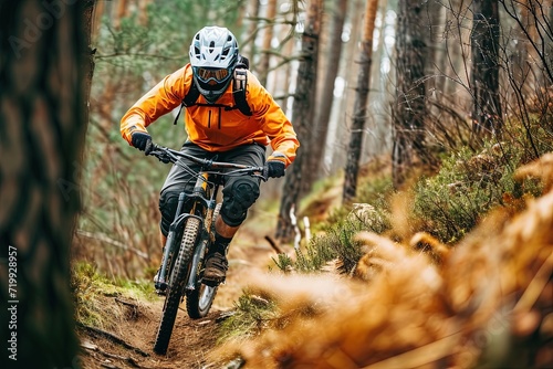 Mountain biker riding a bicycle downhill.