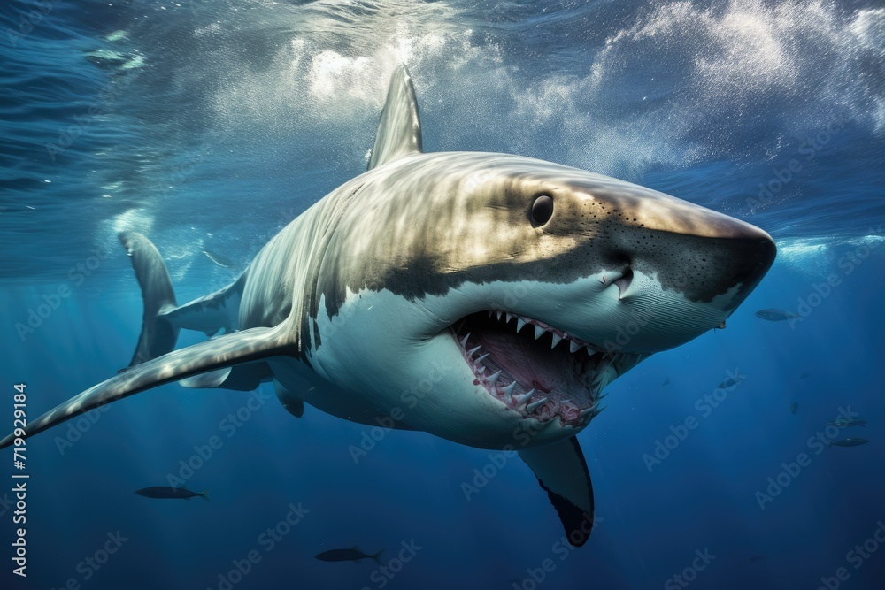 Naklejka premium Great white shark, Great White Shark in blue ocean. Underwater photography Ai generated